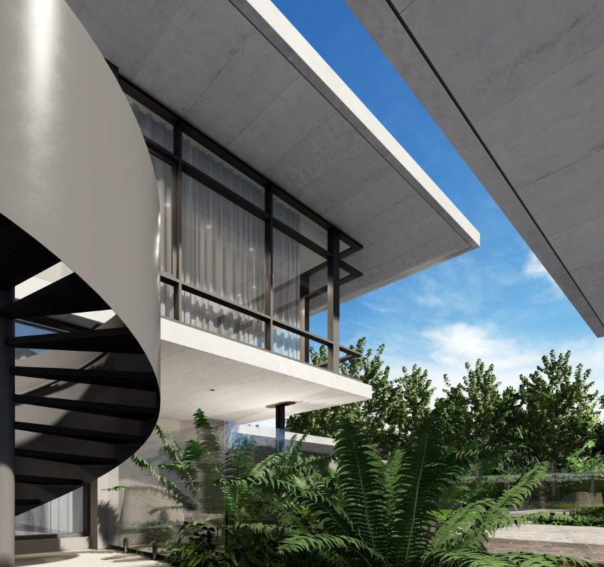Modern architectural building with spiral staircase and greenery.