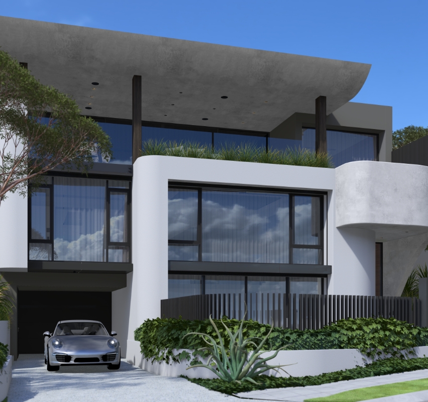 Modern house exterior with luxury car parked outside.