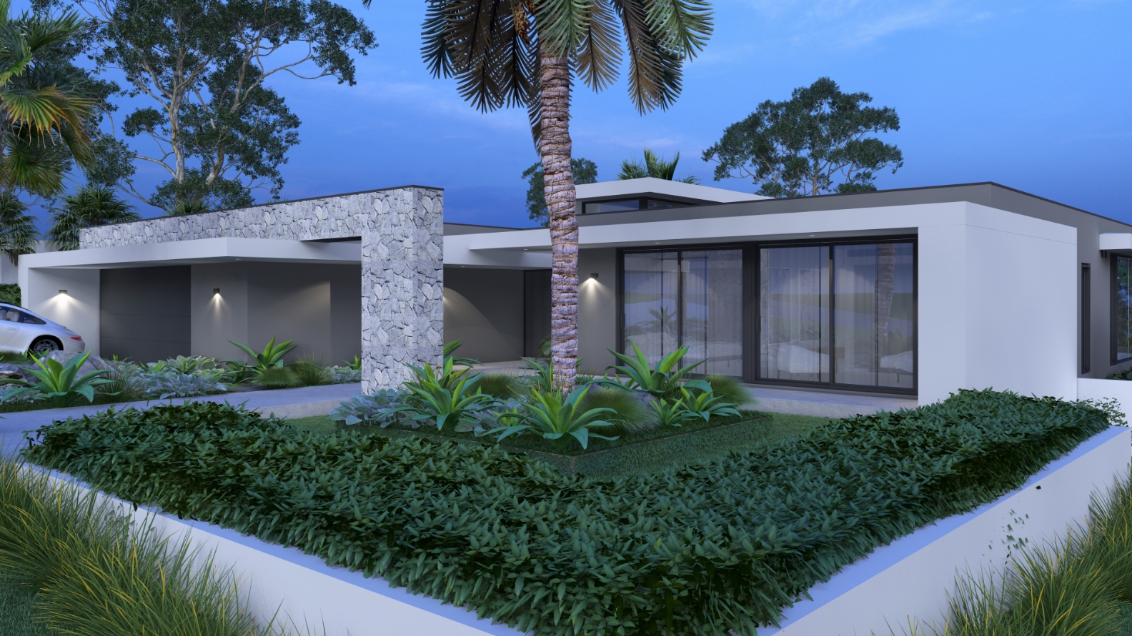 Modern house with tropical landscaping at dusk.