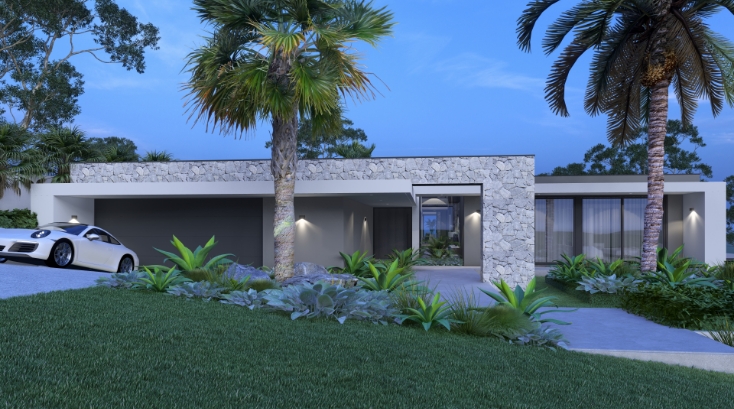 Modern house with garage and tropical landscaping at dusk.