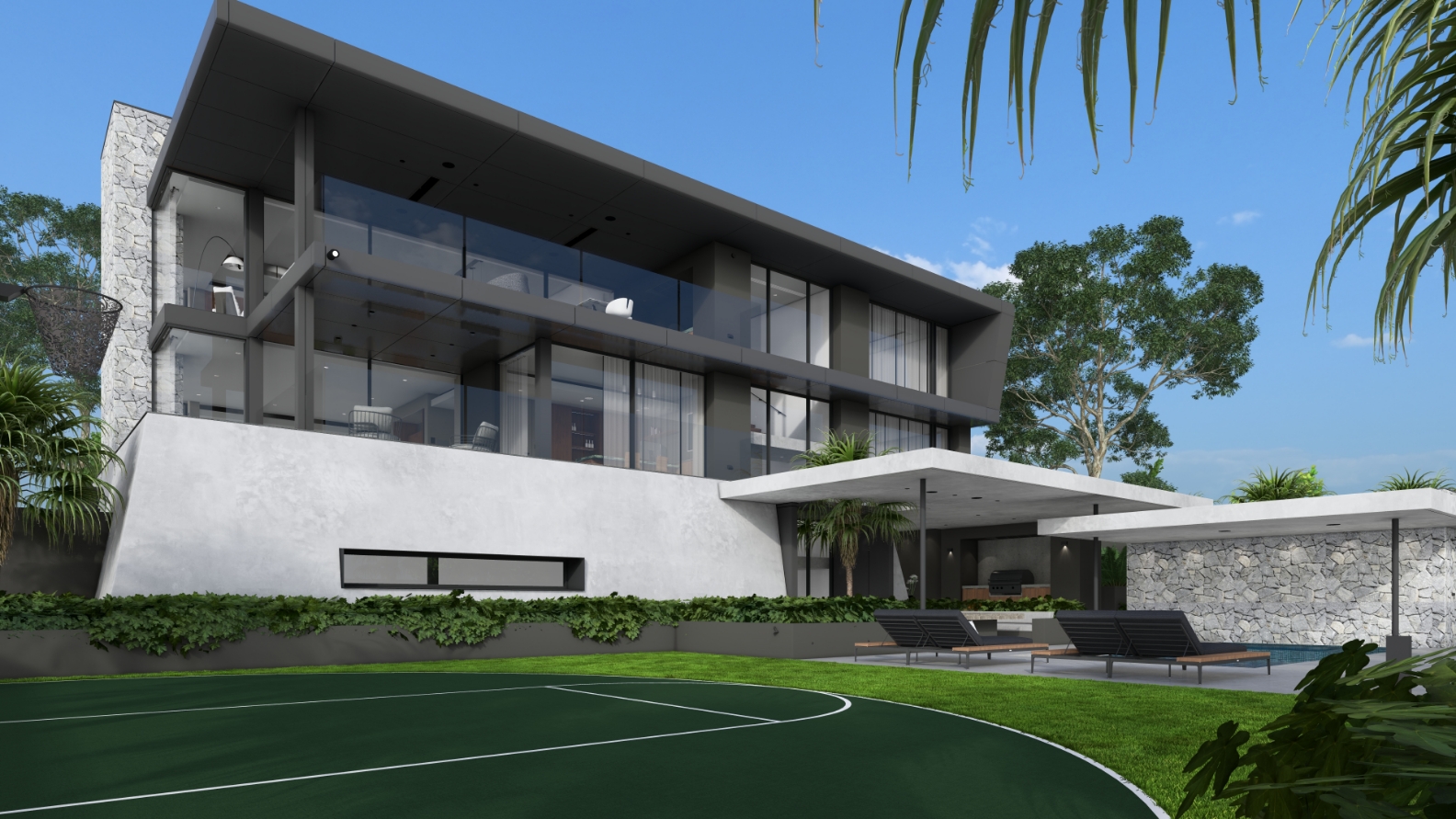 Modern house exterior with pool and tennis court.