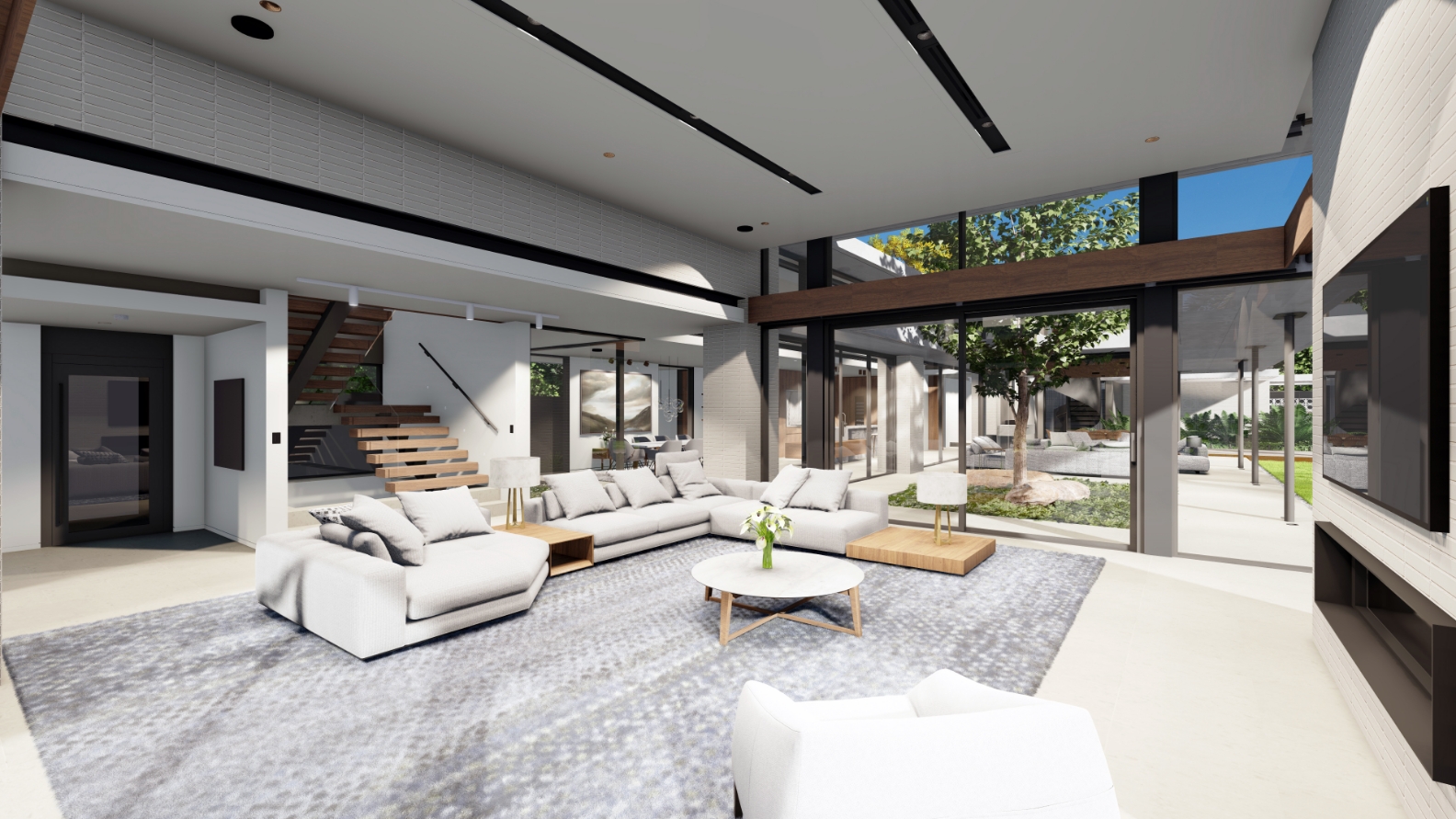 Modern open-concept living room with large windows and staircase.