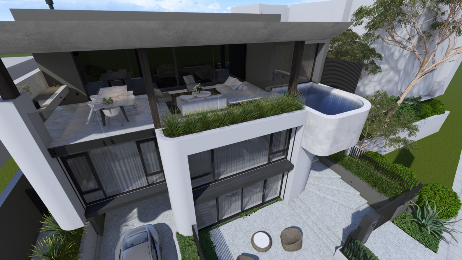 Modern house exterior with pool and balcony garden.