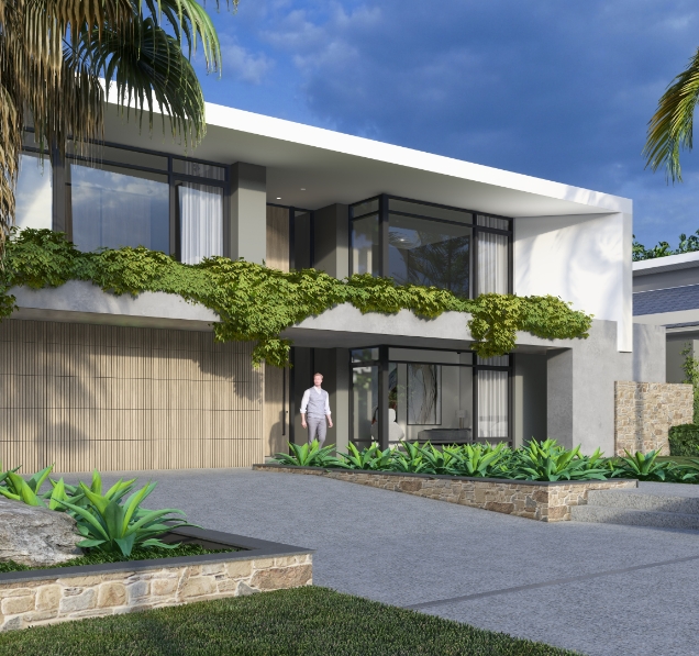 Modern house with landscaped garden and person standing outside.