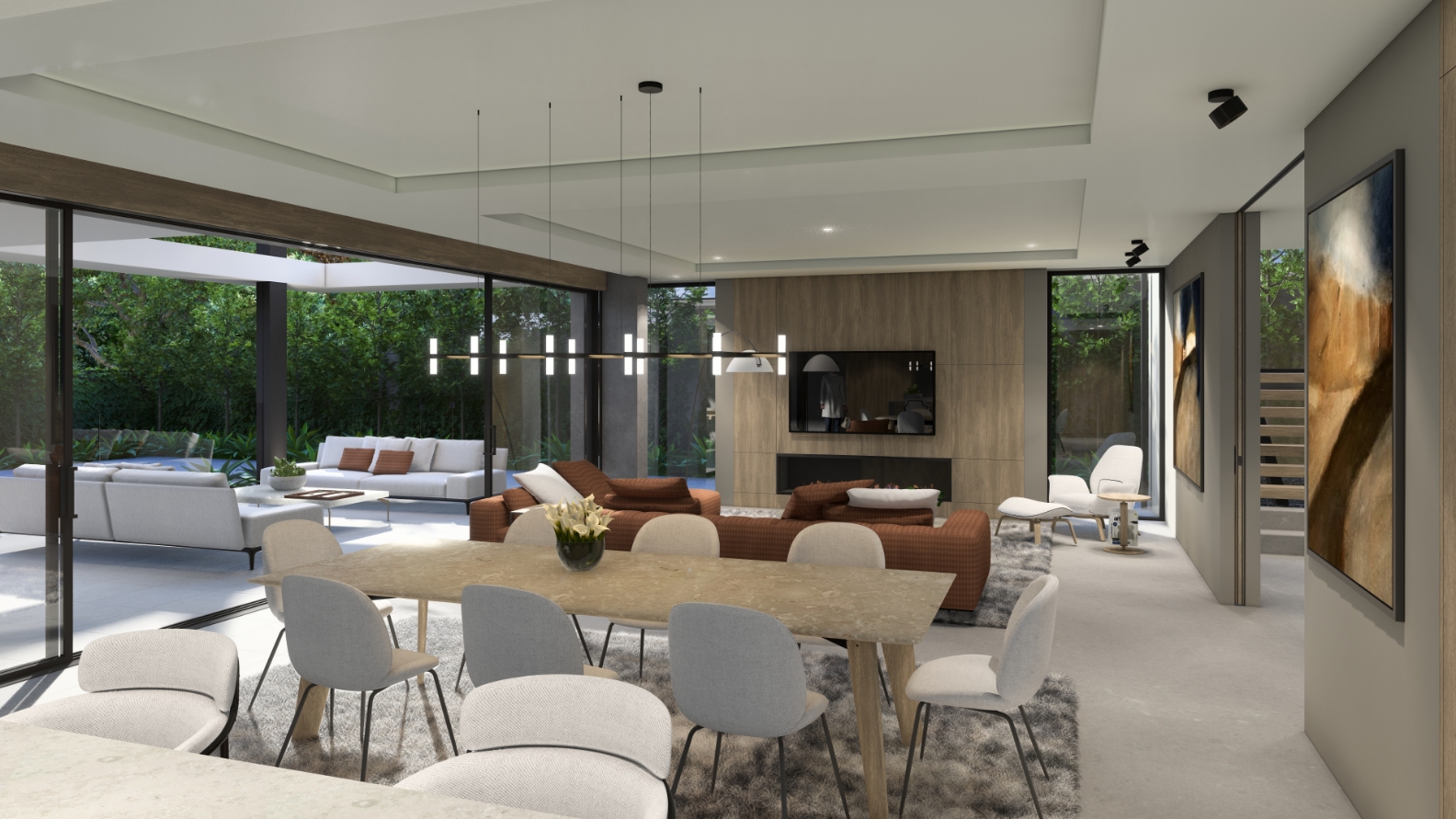 Modern open-plan living room with garden view.