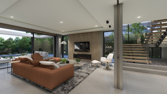 Modern living room with open patio doors and garden view