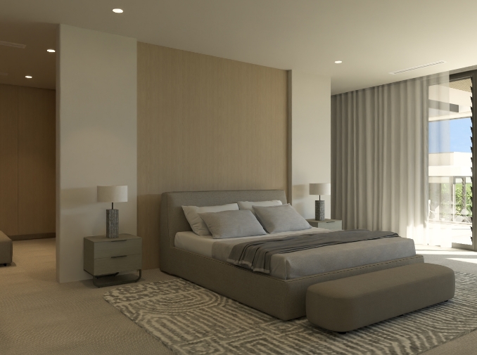 Modern minimalist bedroom with natural light.