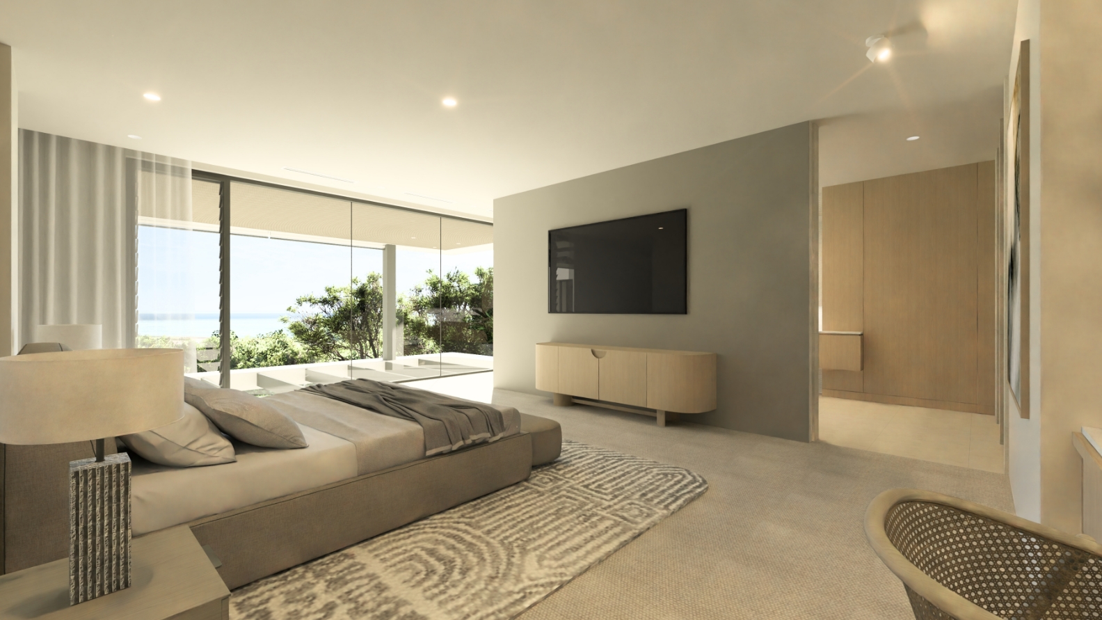 Modern bedroom interior with ocean view.