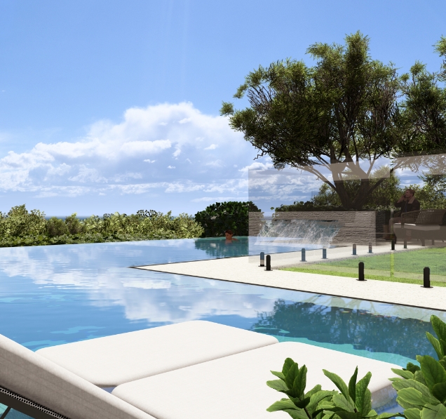 Luxury infinity pool with ocean view and lounging area.