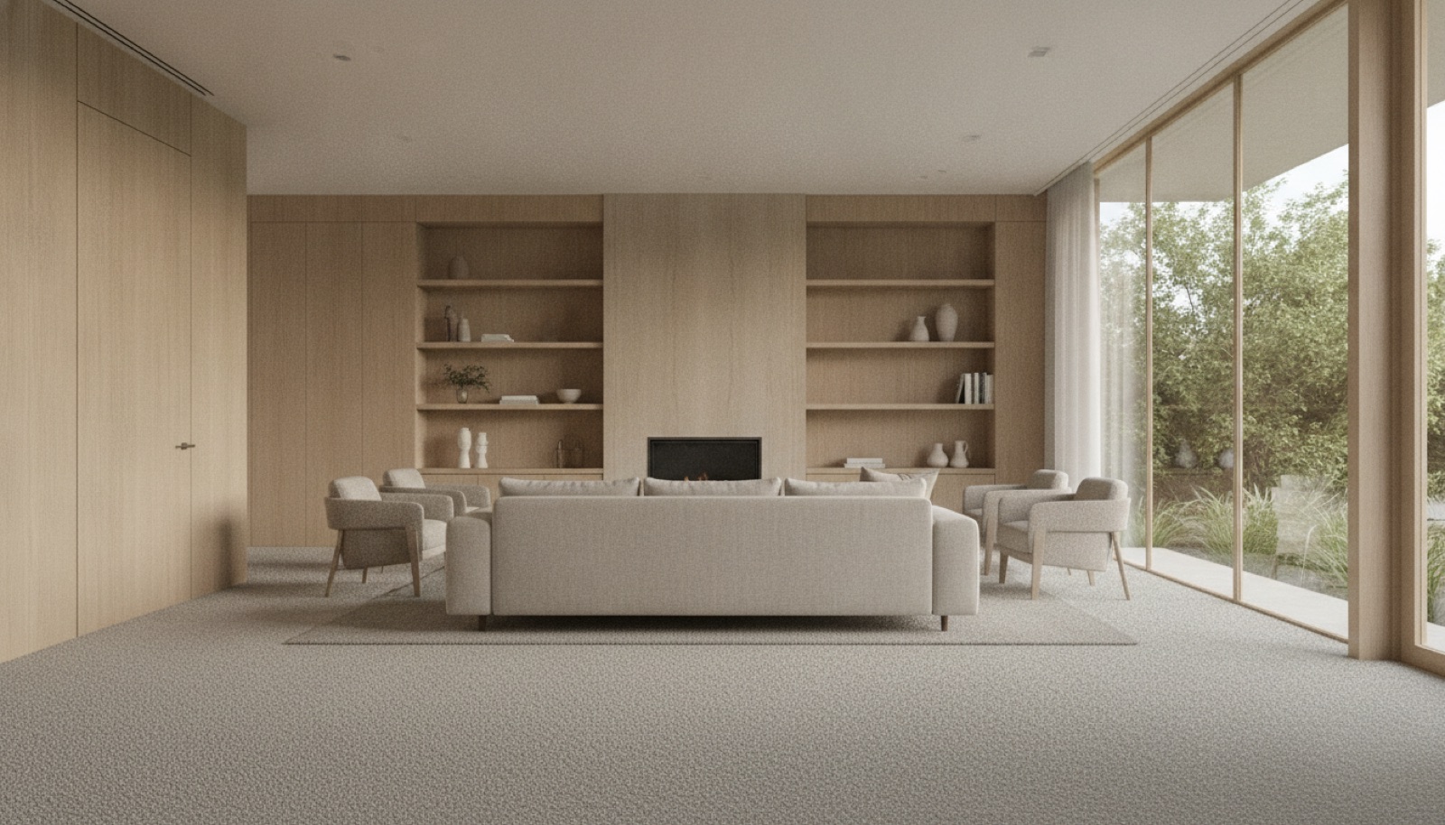 Light-filled living room in a newly built Perth home with pale wool carpet, a neutral sofa, timber joinery and floor-to-ceiling windows onto the garden