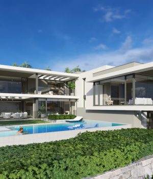 Luxury modern villa with swimming pool and lush garden.