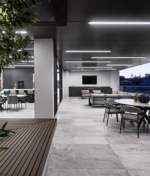 Modern office break room with seating area and plants