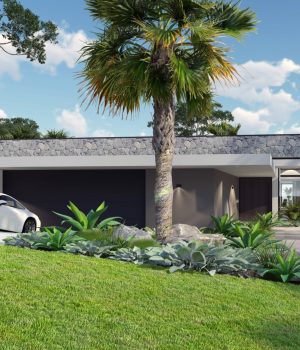 Modern house exterior with luxury sports car.
