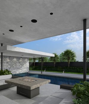 Modern outdoor patio with pool and fire pit table.