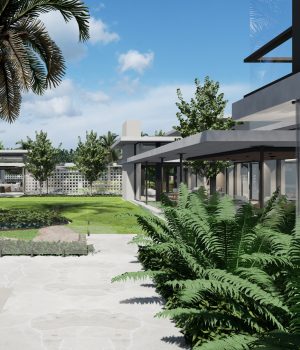 Modern home exterior with pool and landscaping.