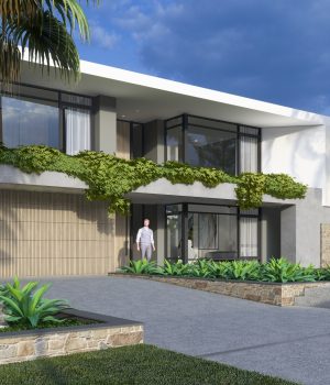 Modern house exterior with lush landscaping and person.