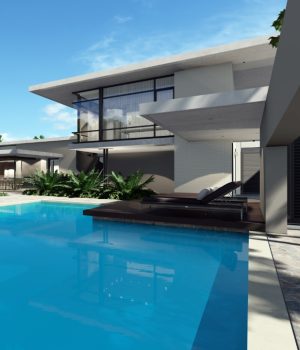 Modern house with pool and sun lounger.