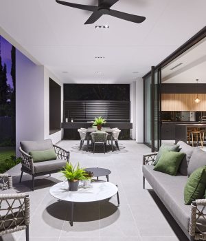 Modern outdoor patio and open kitchen design.