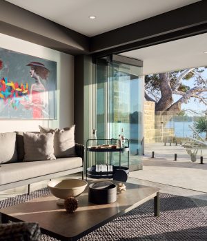 Modern living room overlooking serene waterfront.